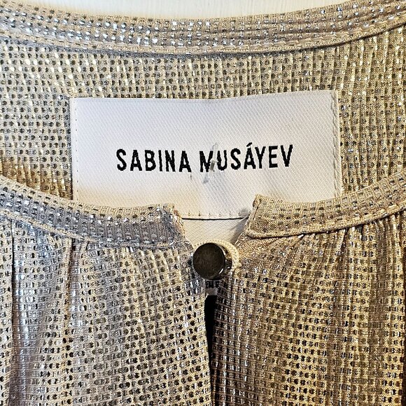 Sabina Musayev Anthro Gold Tiny Tile Raised Texture Blouson Dress & Waist Tie, M - Picture 7 of 12